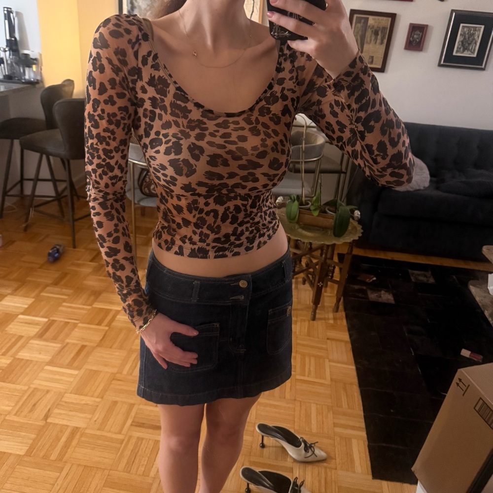 Current Mood Dolls Kill Leopard Print Mesh Long Sleeve Crop Top Size S NWT